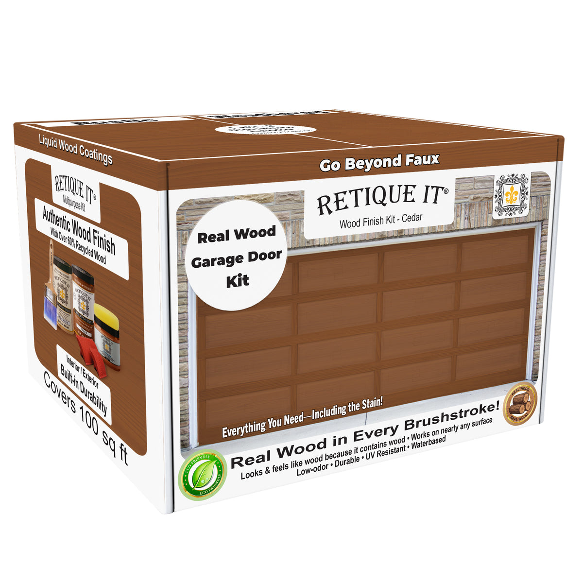 Retique It wood finish kit packaging for garage doors on a white background