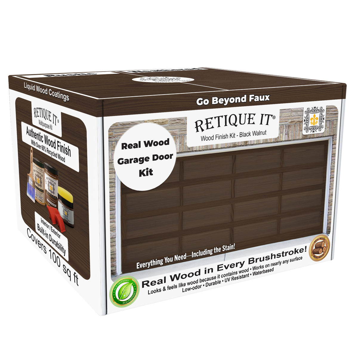 Retique It wood finish kit packaging for garage doors on a white background