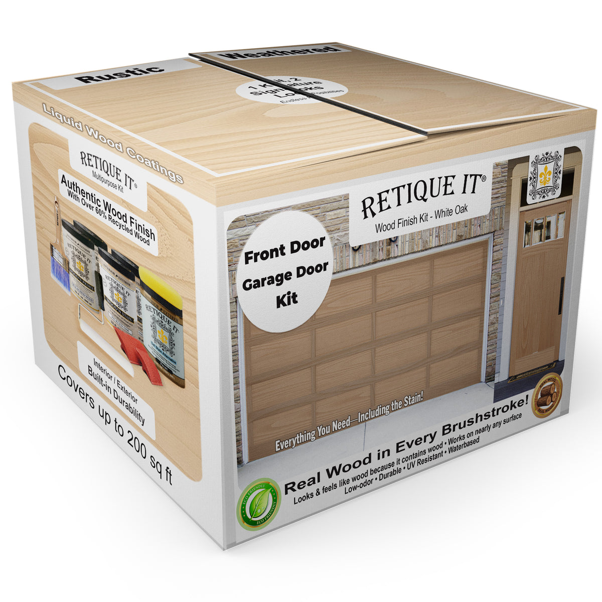 Box of Retique It wood finish kit for front door and garage door, featuring a wooden texture.