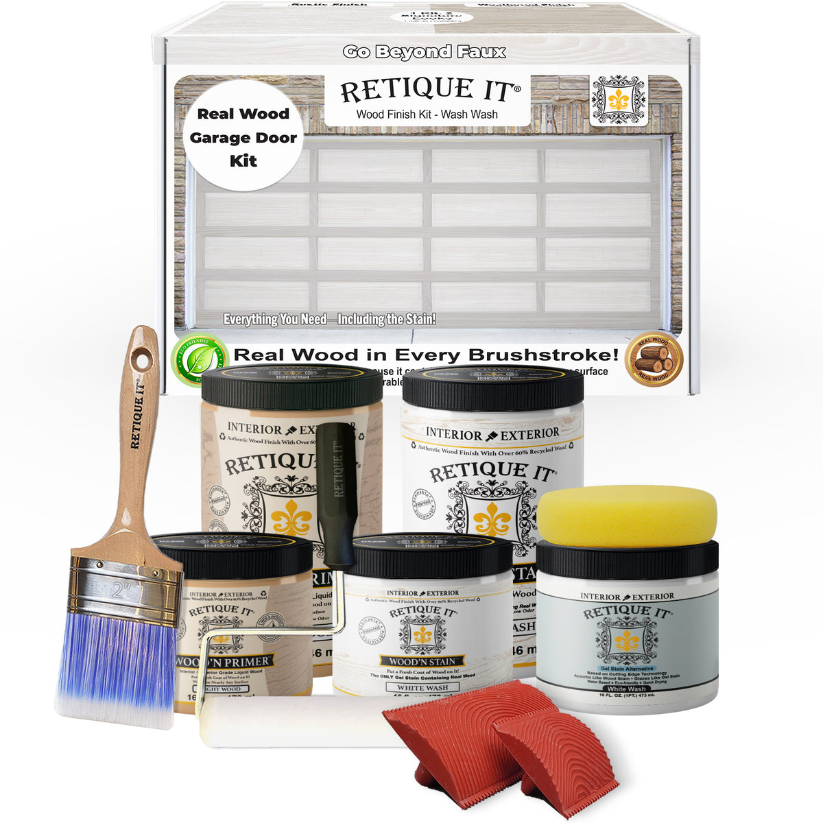 Retique It wood finish kit for garage doors with paint cans, brush, and cloth on a white background