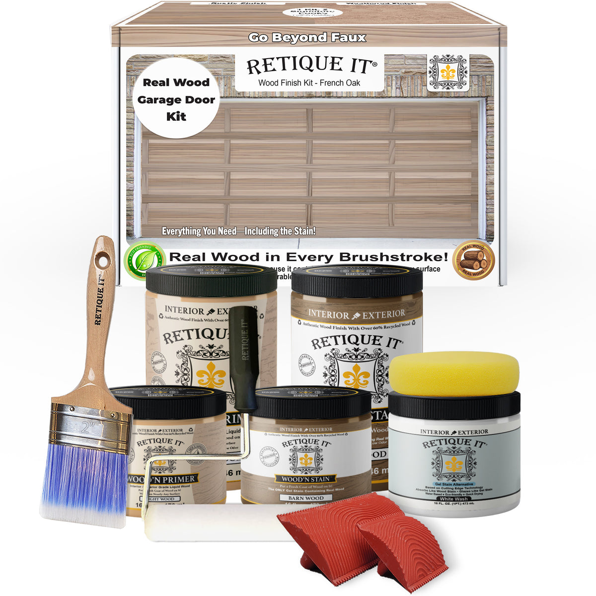 Retique It wood finish kit with paint cans, brush, and cloth on a white background