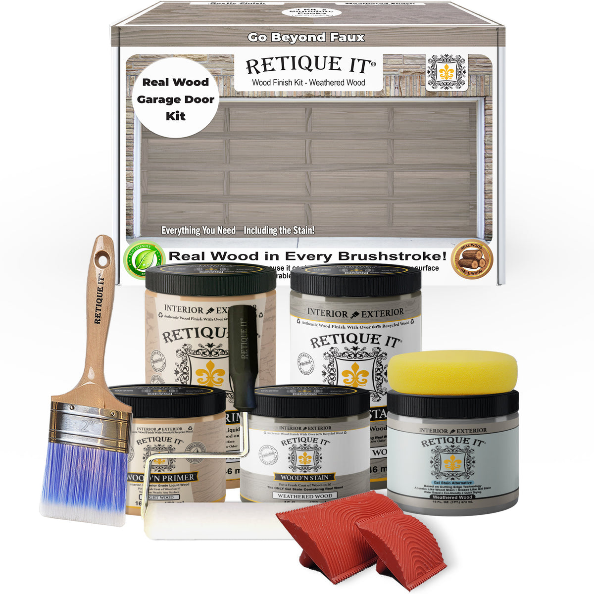 Retique It wood finish kit with paint cans, brush, and cloth on a white background