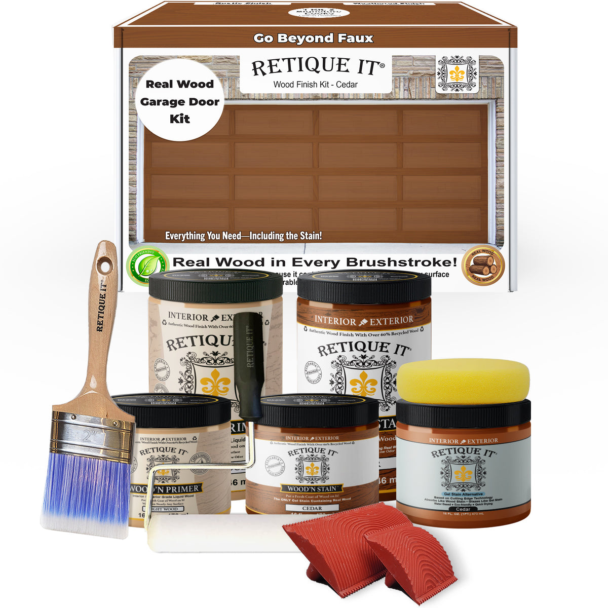 Retique It wood finish kit with paint cans, brush, and cloth on a white background