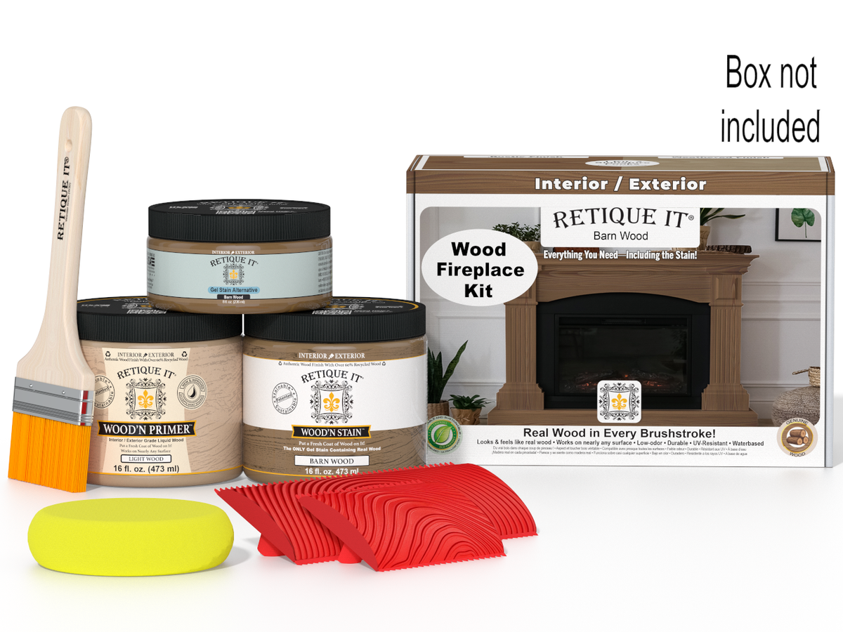 Retique It wood fireplace kit with paint cans, brush, and packaging on a white background