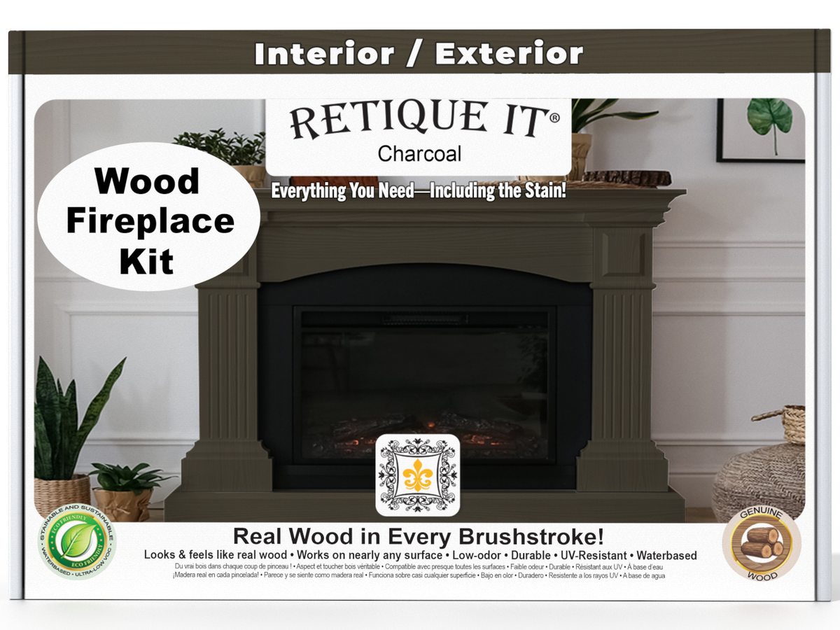 Advertisement for a wood fireplace kit with a finished fireplace and branding text.