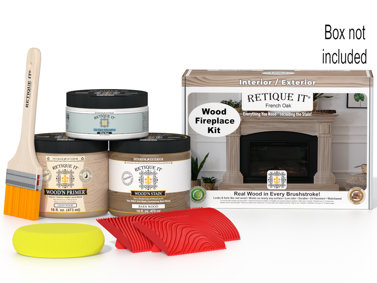 Retique It wood fireplace kit with paint cans, brush, and packaging on a white background