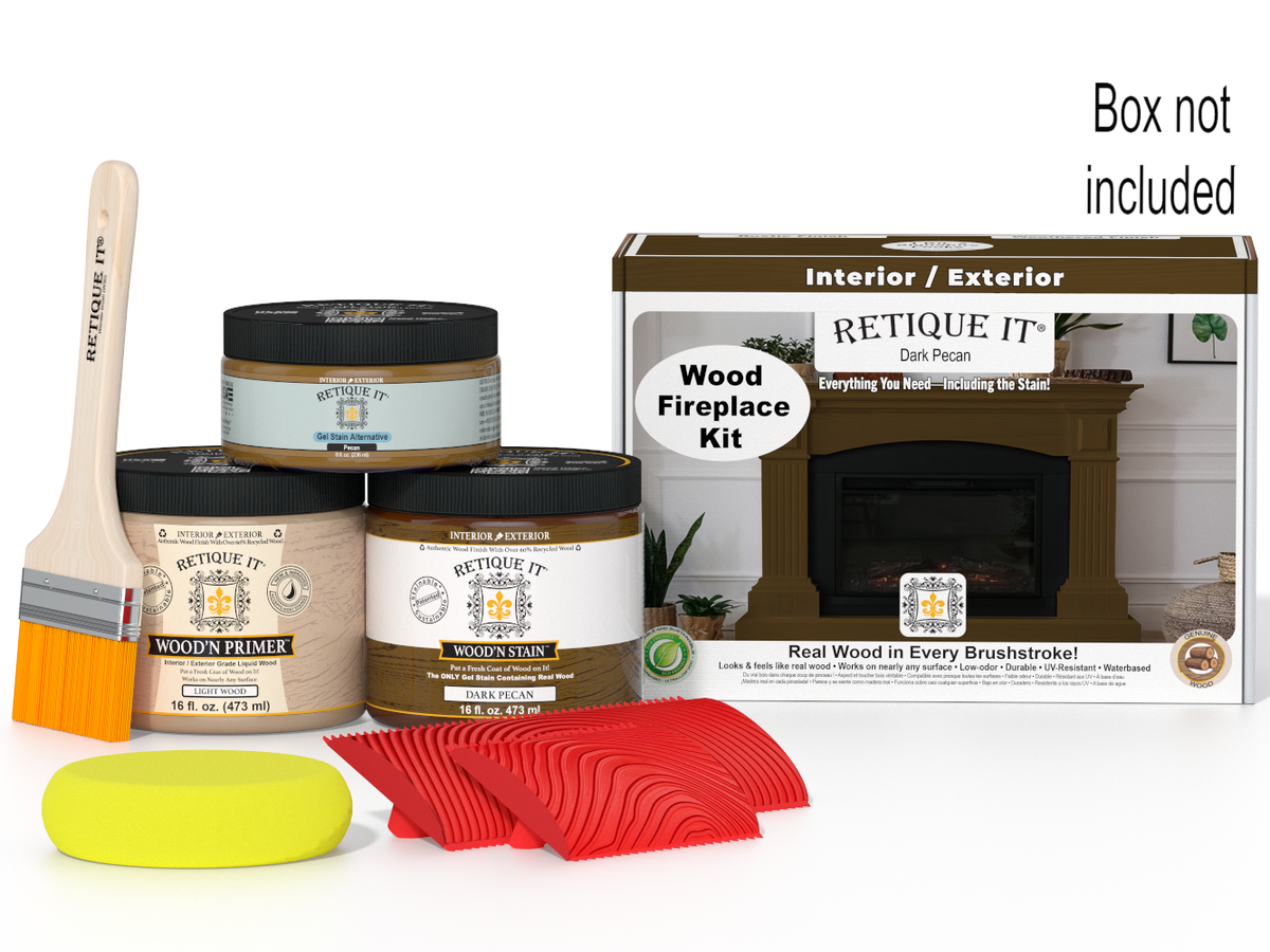 Retique It wood fireplace kit with paint cans, brush, and packaging on a white background
