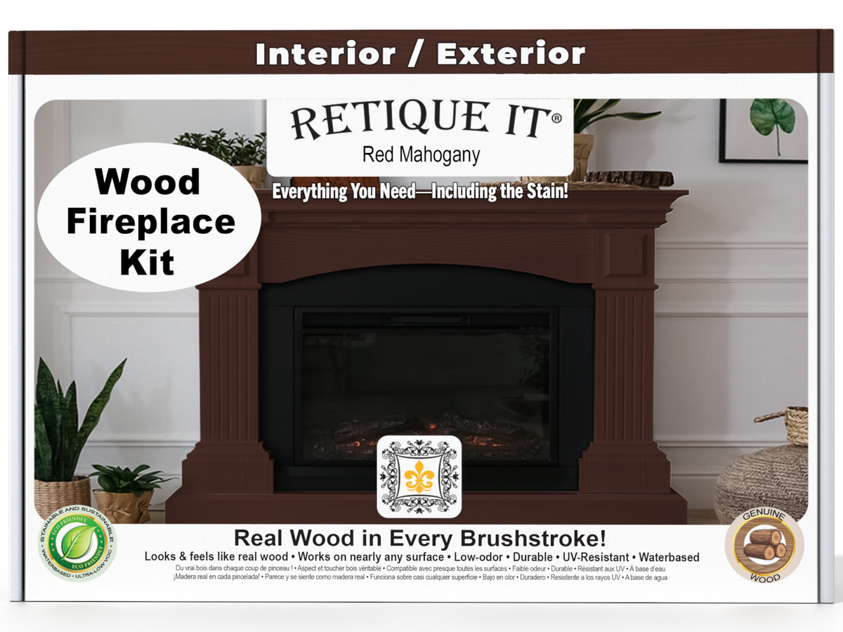 Wood fireplace kit with 'Retique It' branding on a white background