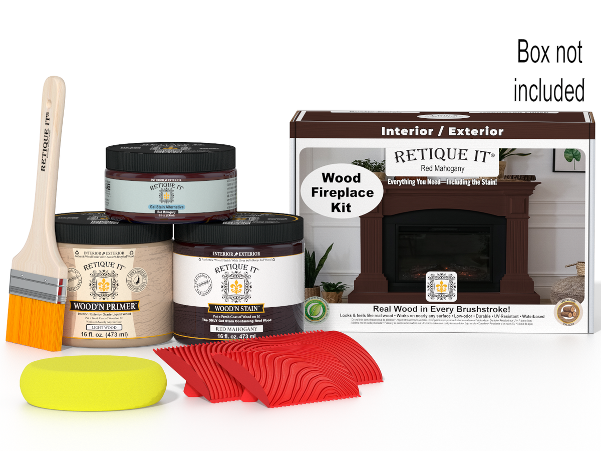 Retique It wood fireplace kit with paint cans, brush, and packaging on a white background