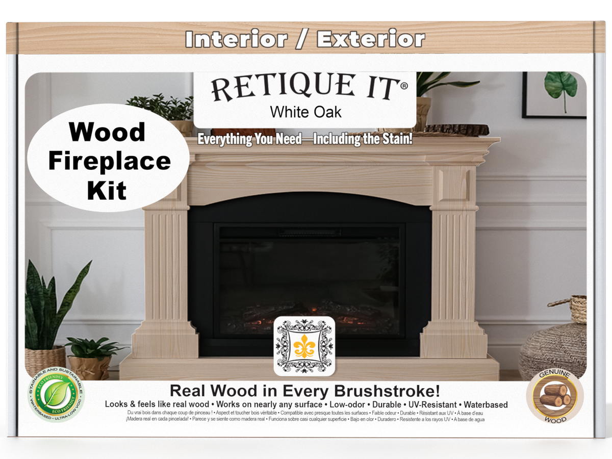 Retique It wood fireplace kit packaging with a fireplace image on a white background