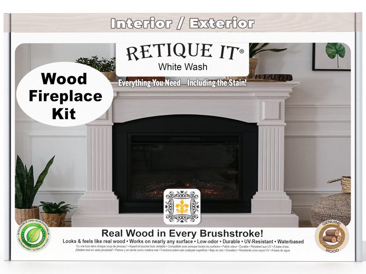 Retique It® Fireplace Wood'n Finish Kit in White Wash, stain set for full fireplace restoration, featuring wood stain bottles and tools.