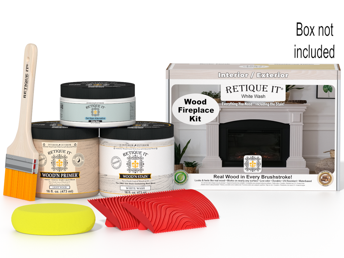 Retique It® Fireplace Wood'n Finish Kit in White Wash stain, showcasing the full fireplace with wood finish and stain application.