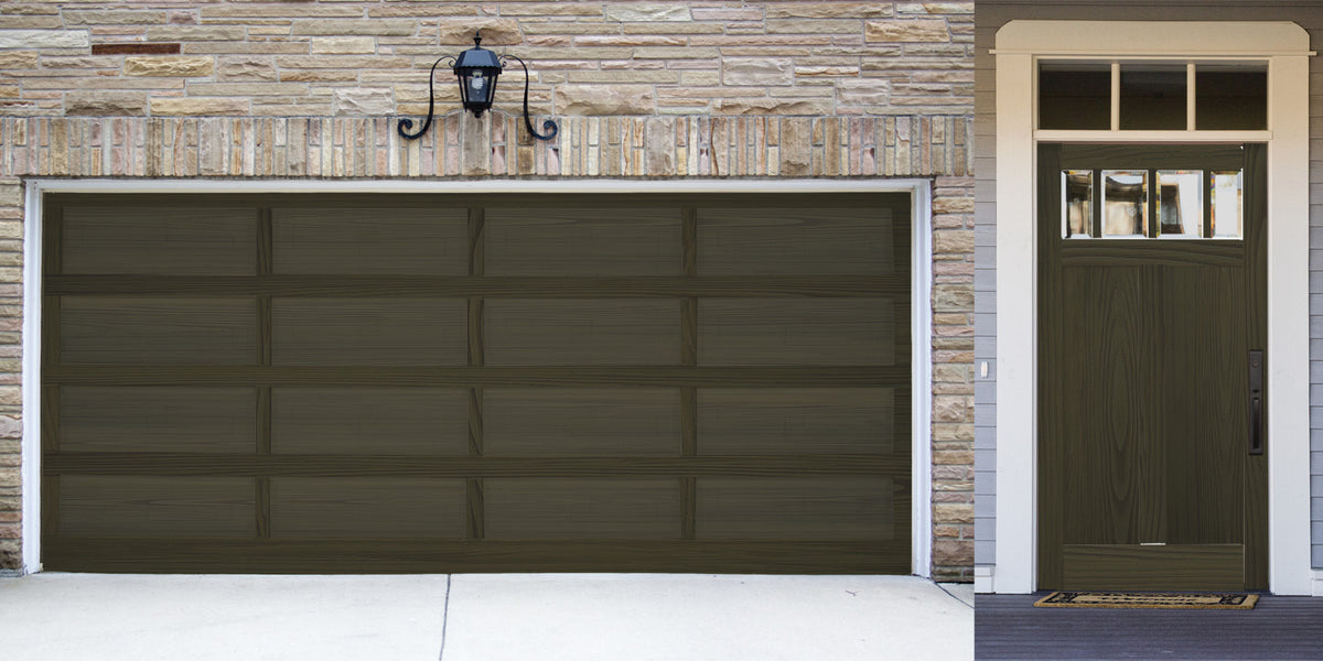 Garage door with a brick wall and wooden door frame in the background
