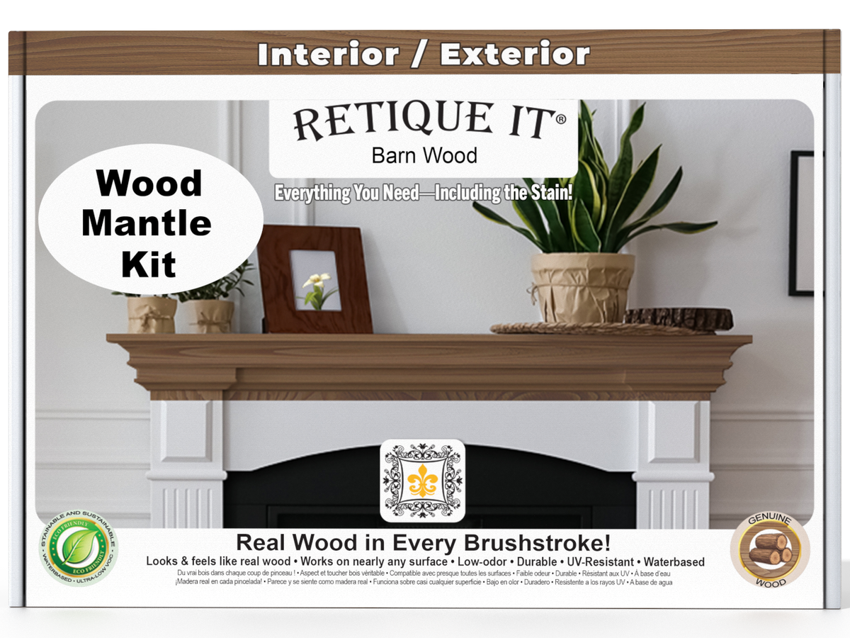 Retique It® Fireplace Mantel Wood'n Finish Kit in Barn Wood stain, showing a textured wooden mantel with barn wood finish.