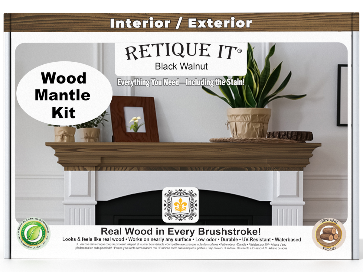 Retique It Wood Mantle Kit packaging with a wooden mantel and decorative items on a white wall.