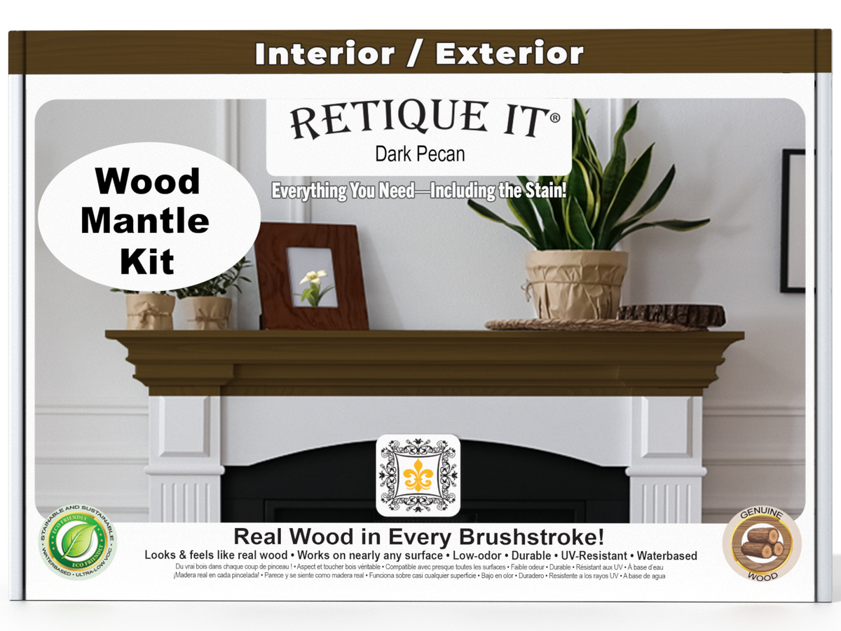 Retique It Wood Mantle Kit packaging with a fireplace and decorative items on a white background