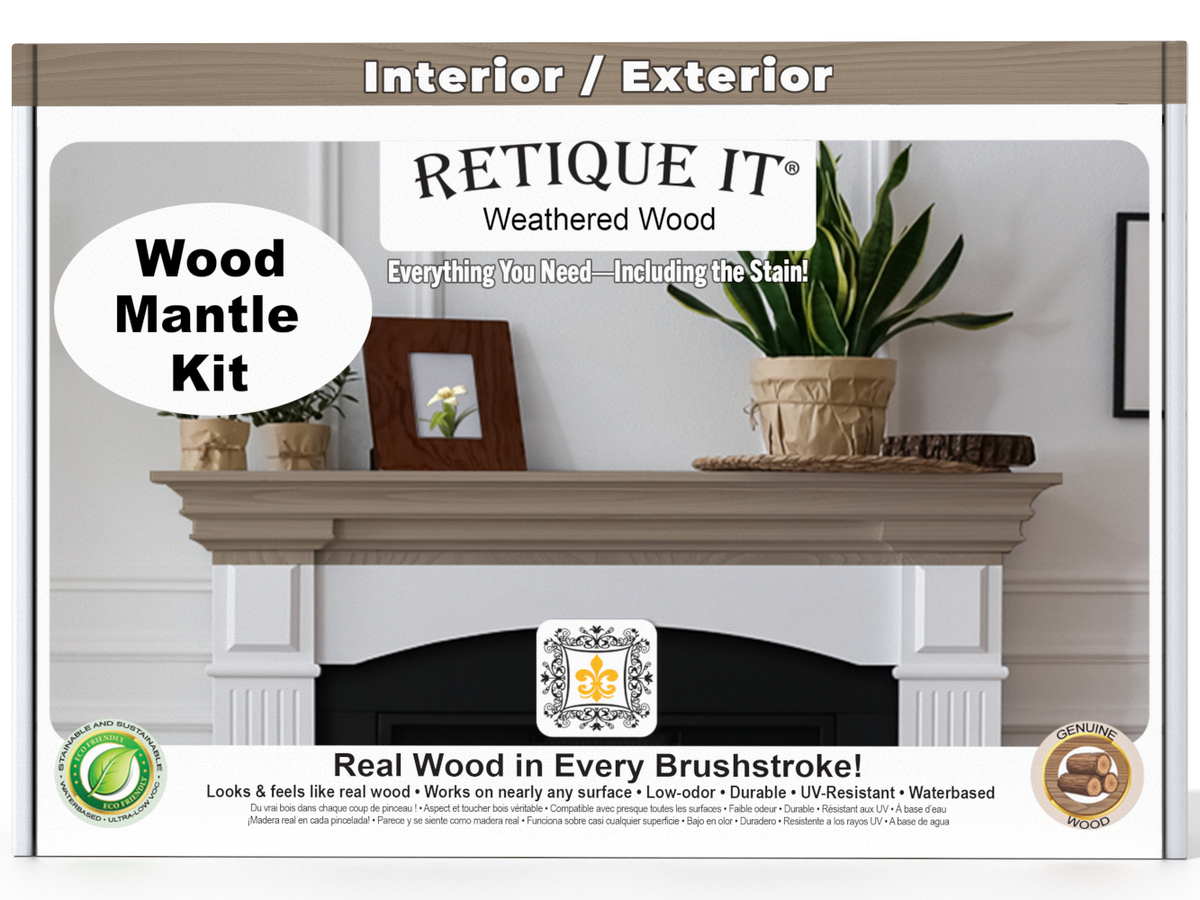 Weathered wood finish kit for fireplace mantels by Retique It®, featuring stains to enhance wood appearance and texture.