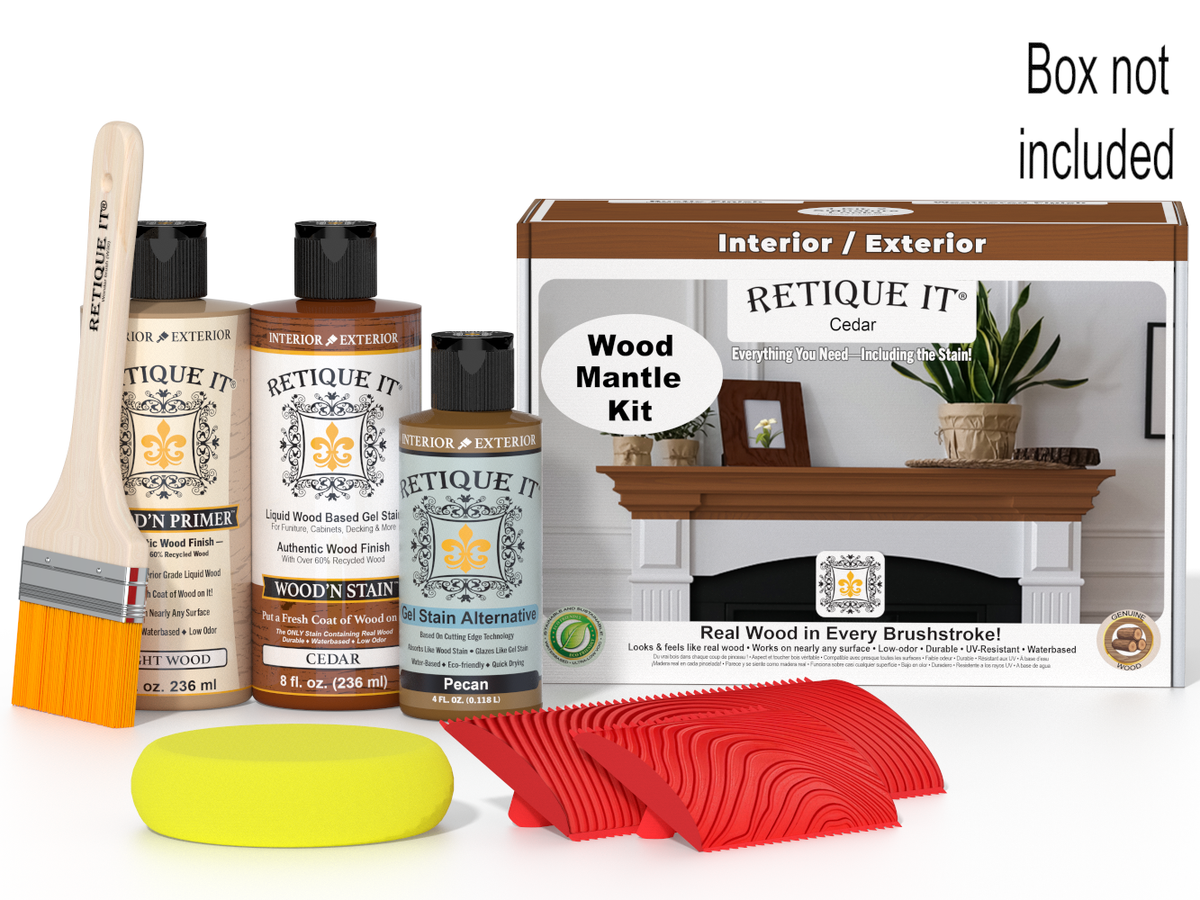 Wood stain kit with bottles, brush, and packaging on a white background