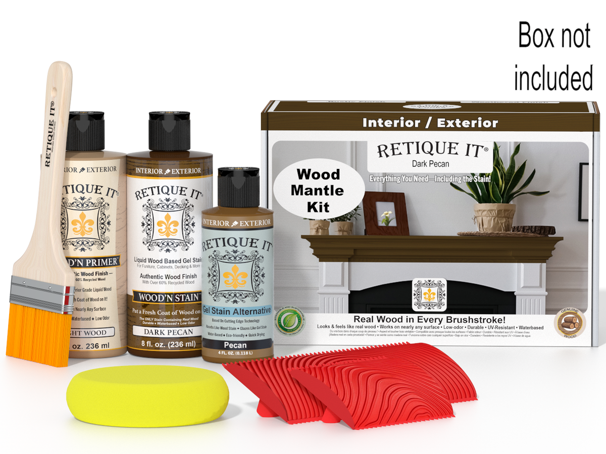 Wood stain kit with bottles, brush, and packaging on a white background