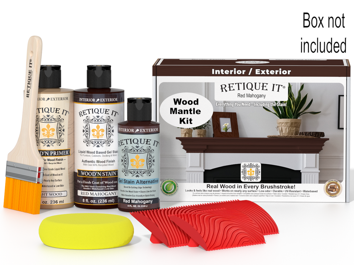 Wood stain kit with bottles, brush, and packaging on a white background