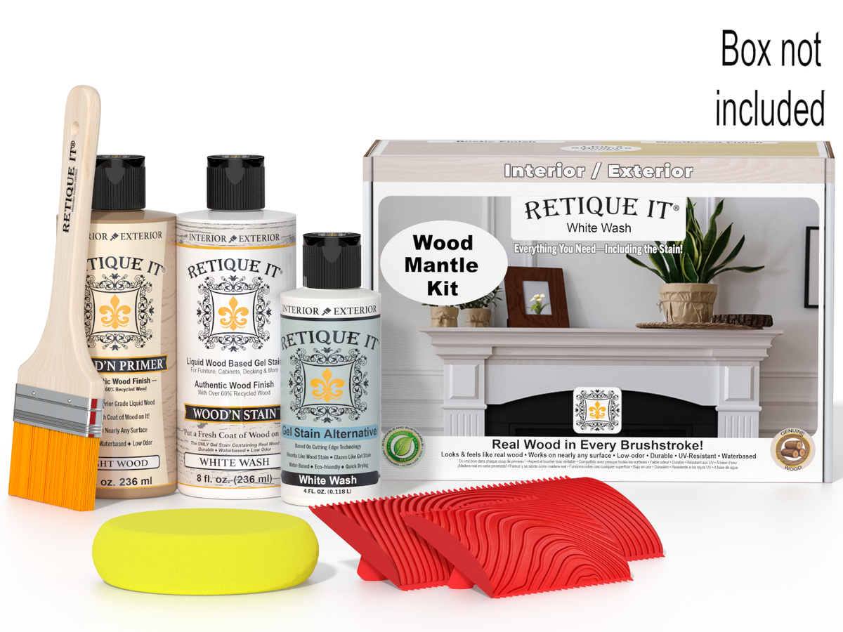 Wood stain kit with bottles, a brush, a sponge, and a box labeled 'Retique It' on a white background.