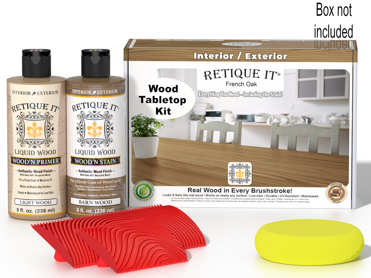 Retique It® Wood'n Finish Kit French Oak stain for tabletops, includes stain box and application supplies.
