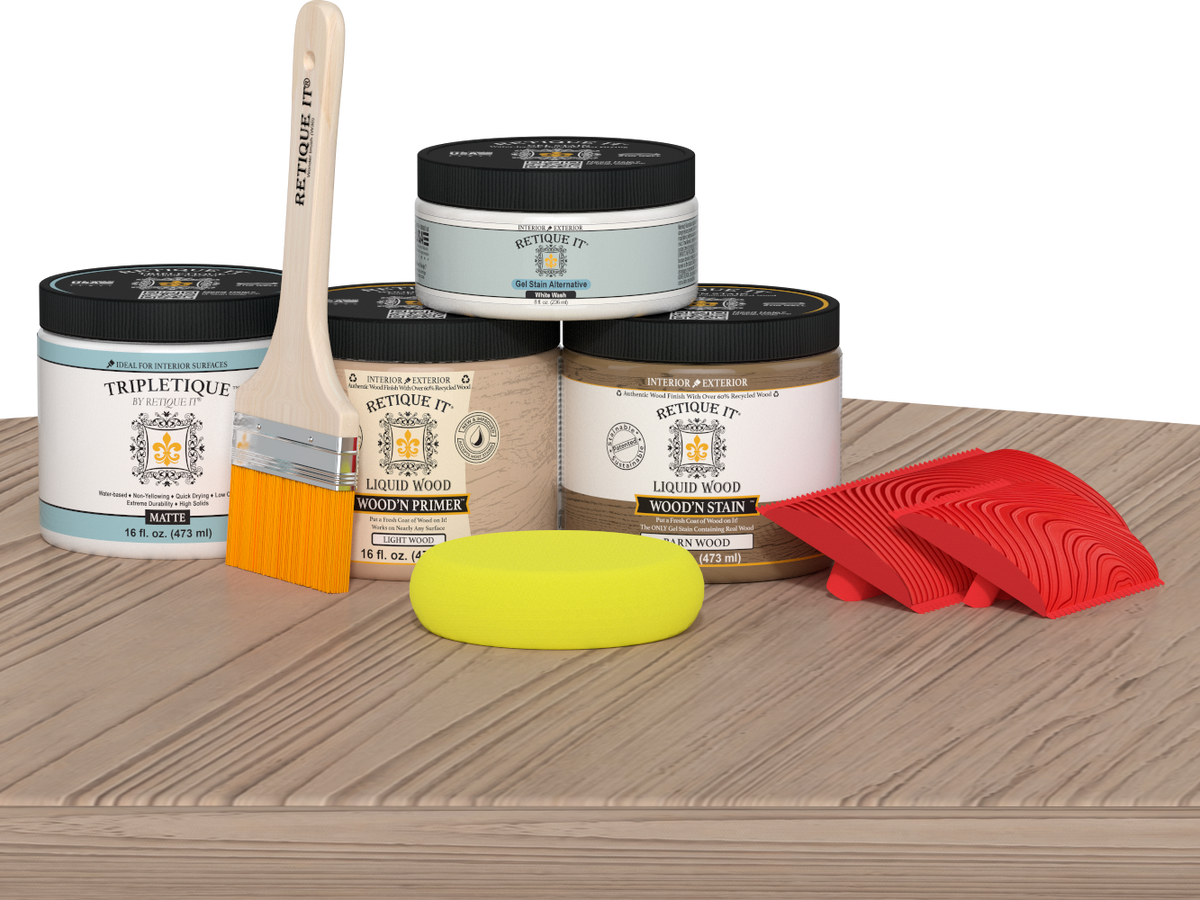 Retique It® French Oak countertop kit with stain, shown on a kitchen island, highlighting wood grain and natural oak finish.