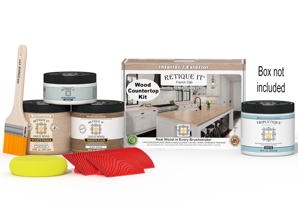 Retique It® French Oak countertop kit for kitchen islands with stain, featuring a natural wood finish and included accessories.