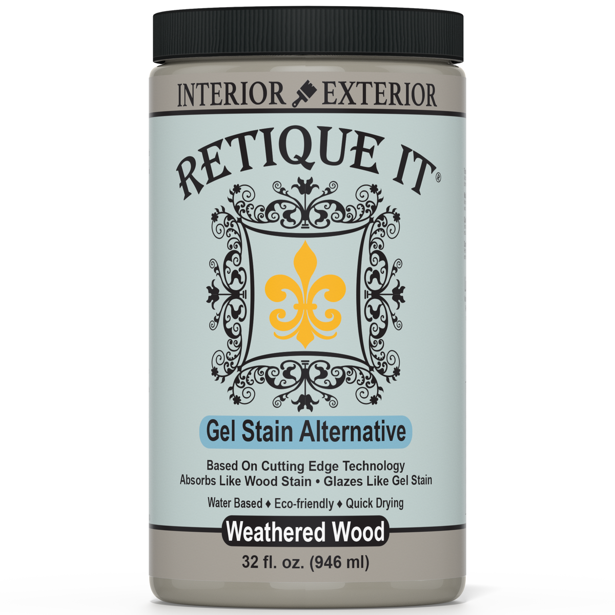 Jar of Retique It gel stain alternative with a black lid on a white background