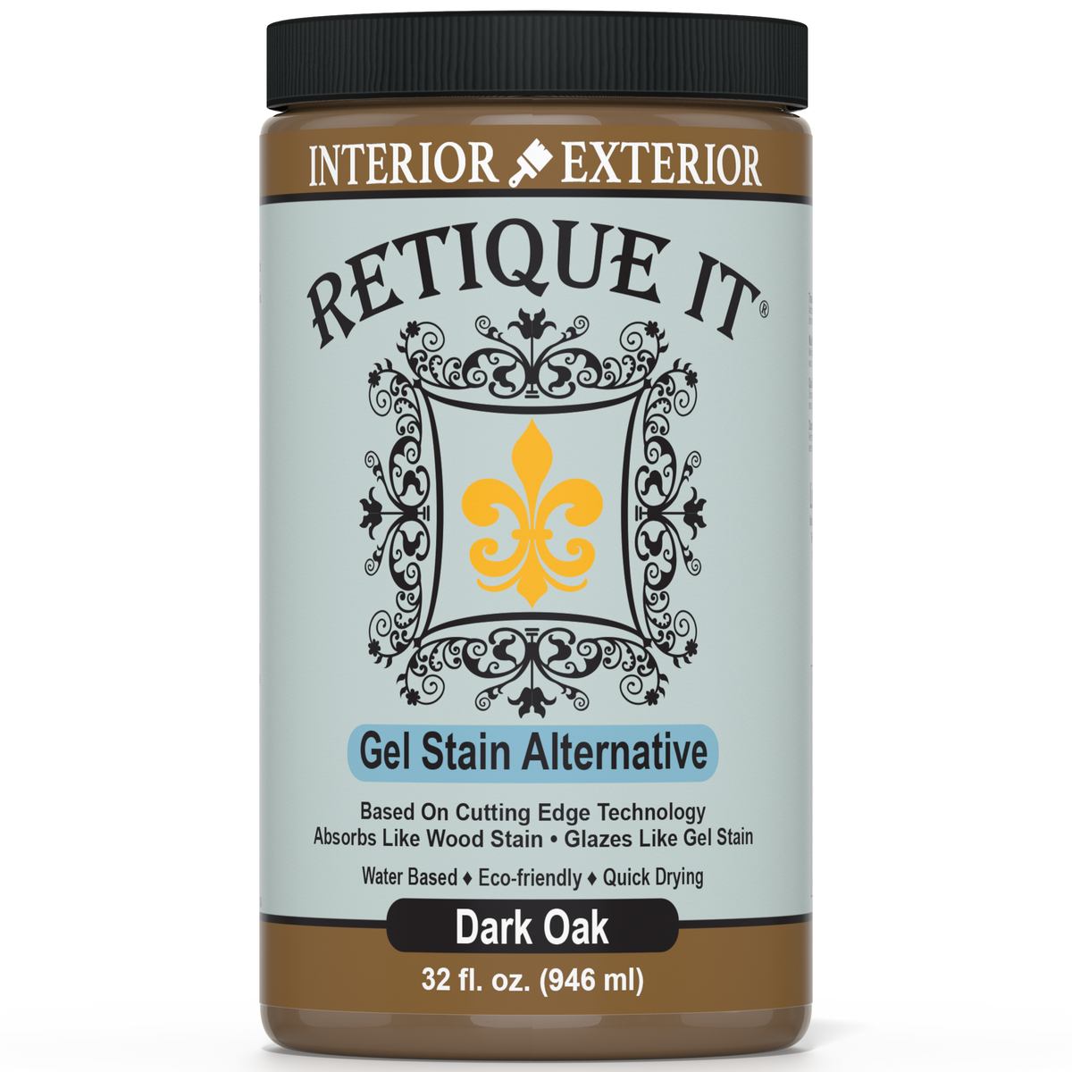 Jar of Retique It gel stain alternative with a decorative label on a white background