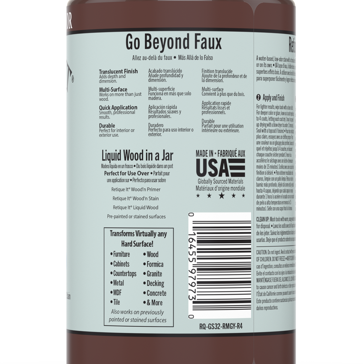Back label of a product container with text and a barcode on a white background