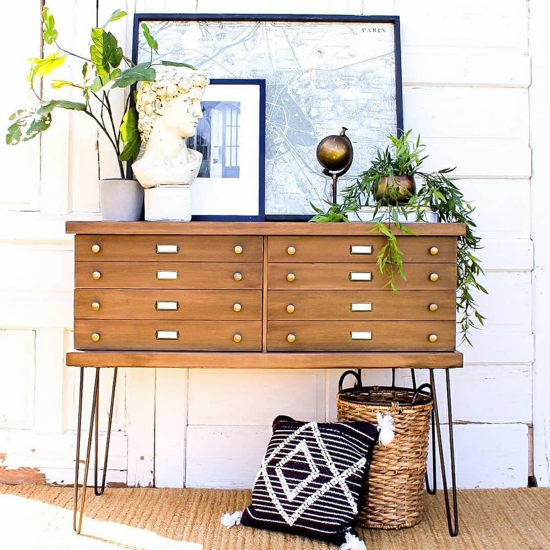 Retique It Liquid Wood Light interior paint applied on a dresser with hairpin legs, showcasing a smooth, natural wood finish.