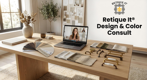 Retique It® interior finish design consultation digital product with sample finishes and design ideas on a clean background.