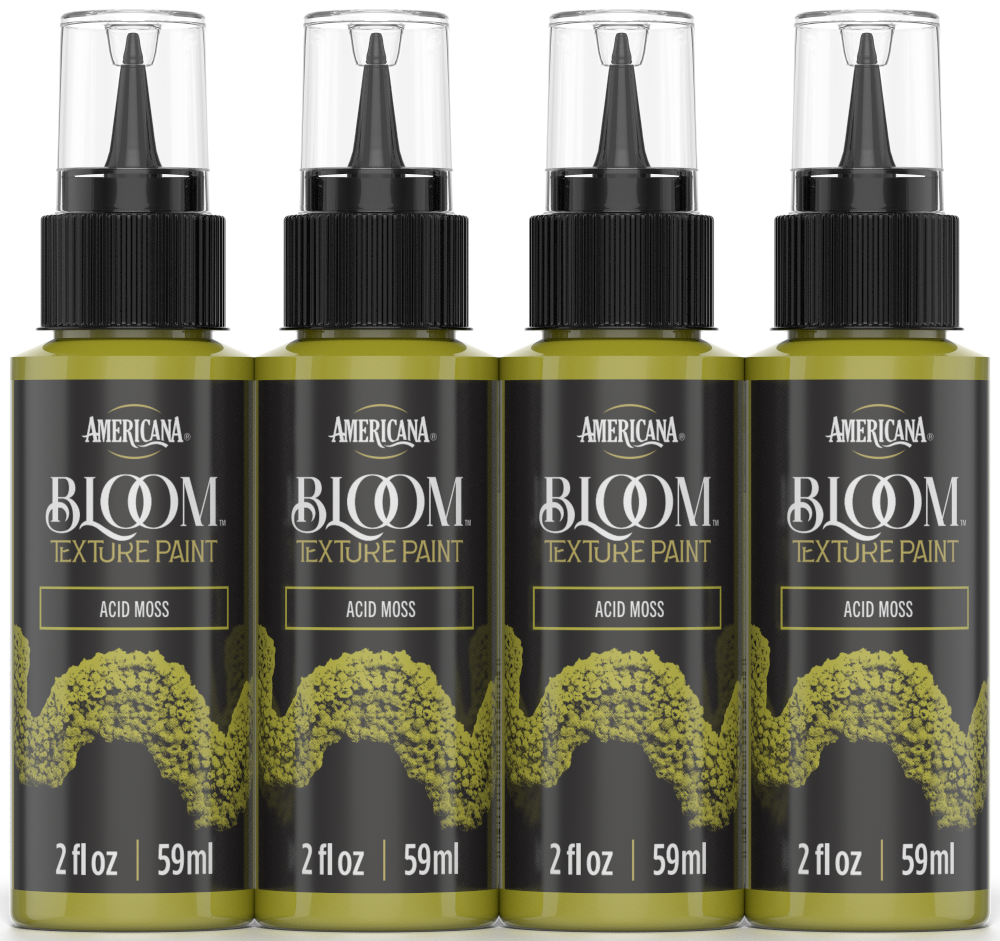 Retique It® Bloom Texture Paint 4-pack in Acid Moss, featuring textured paint bottles with vibrant moss green shades.