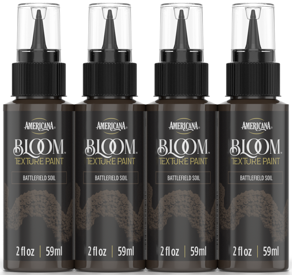 Retique It® Bloom Texture Paint 4-pack in Battlefield Soil showing four containers with textured soil-colored paint bottles.
