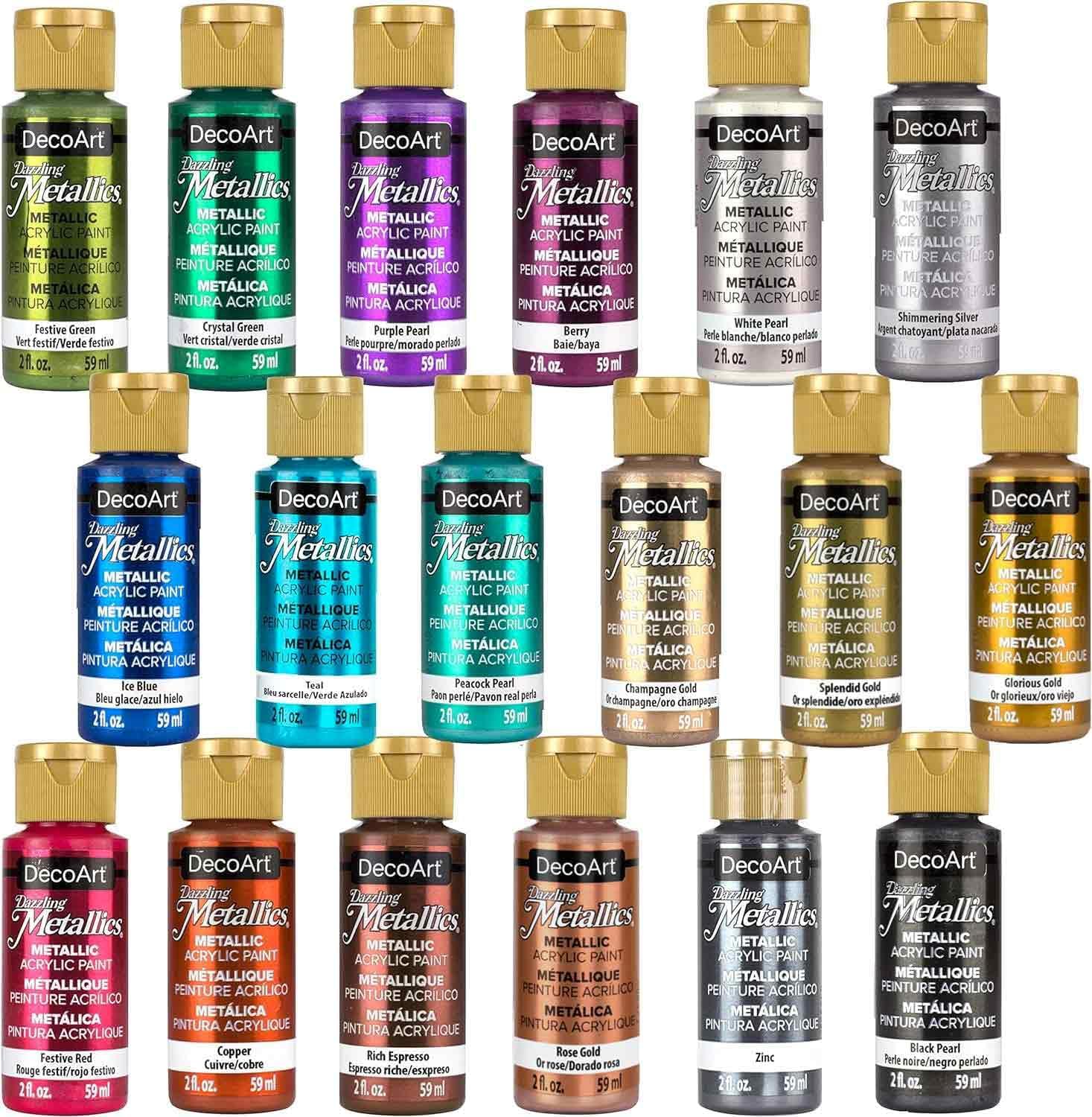 DecoArt Dazzling Metallics Fan Fav Paint Set with 18 vibrant metallic paint bottles on a white background.