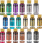 DecoArt Dazzling Metallics Fan Fav Paint Set with 18 vibrant metallic paint bottles on a white background.