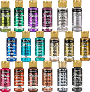 DecoArt Dazzling Metallics Fan Fav Paint Set with 18 vibrant metallic paint bottles on a white background.