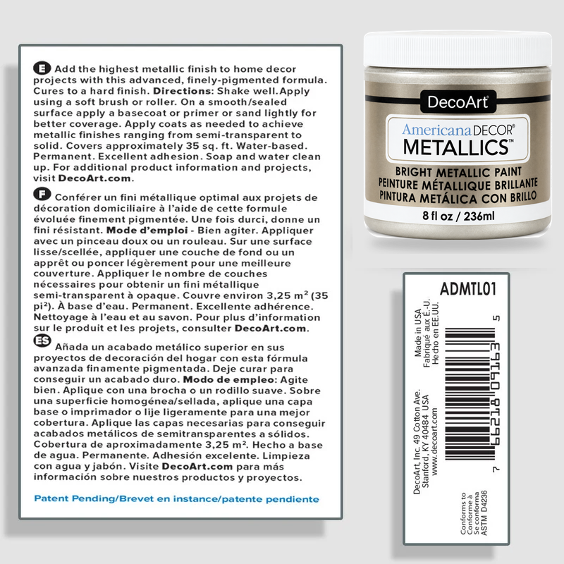 DecoArt Americana Decor Metallics Pearl paint information sheet with product details and color reference