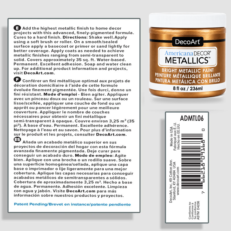 Americana Decor Metallics Bronze by DecoArt information sheet with product details and application instructions