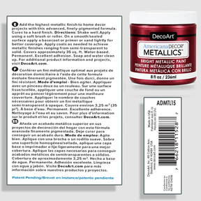 DecoArt Americana Decor Metallics Garnet paint information sheet with product details and rich red metallic finish