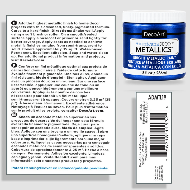 DecoArt Americana Decor Metallics Deep Sapphire paint information sheet with product details and color sample