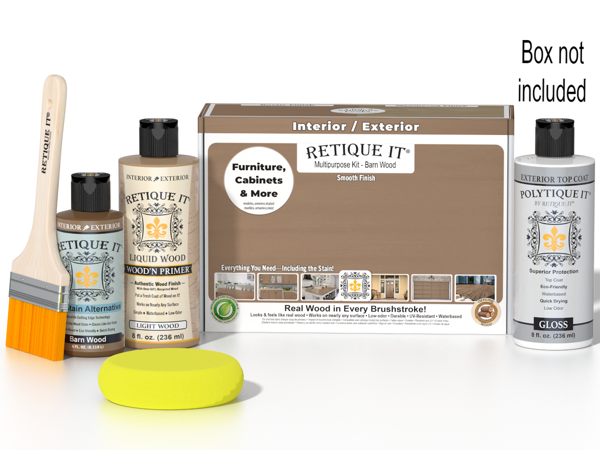 Retique It Wood'n Finish Kit in Barn Wood with smooth gloss exterior top coat and application tools.