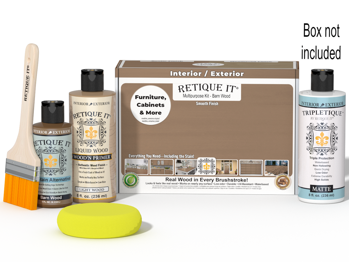Retique It® Multi-purpose Smooth Finish Kit in barn wood for interior wood projects, includes top coat and application tools.