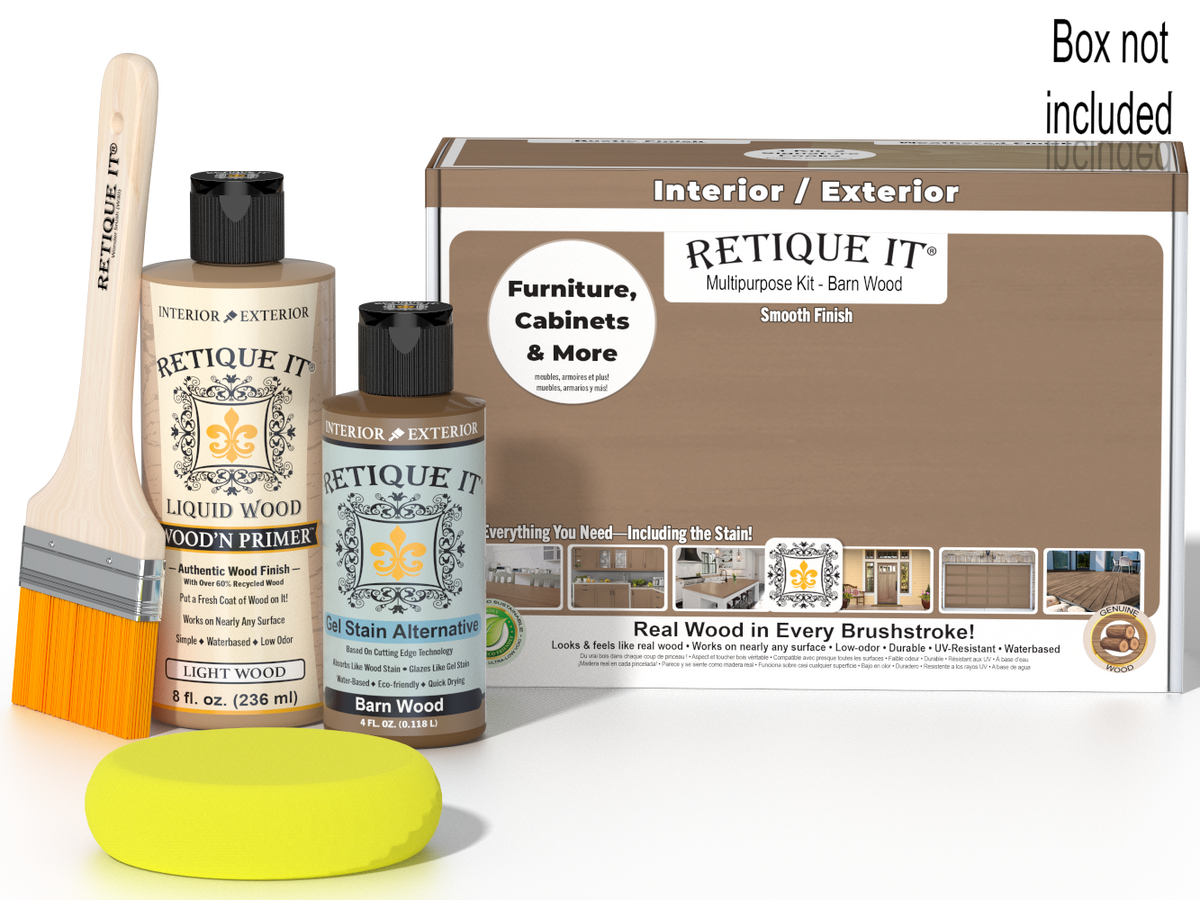 Retique It® Multi-purpose Smooth Finish Kit in Barn Wood for wood refinishing and decorative projects, includes brushes and finishing tools.