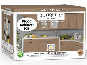 Retique It® Wood'n Cabinet Kit with 48 barn wood doors, smooth finish, stain options, shown in a 3D cabinet box.