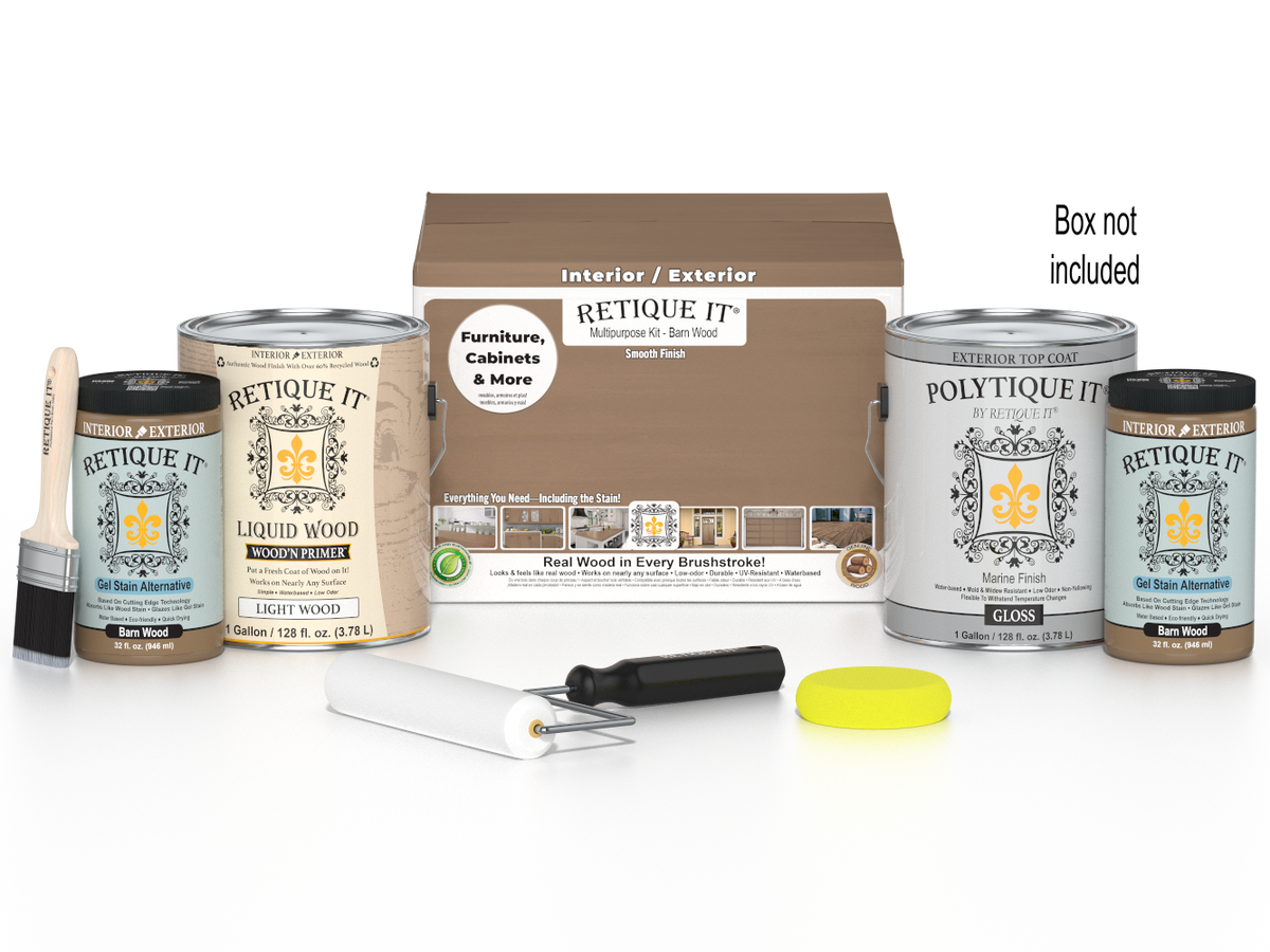 Retique It Multi-purpose Smooth Finish Kit for Barn Wood exterior top coat, includes four large wood finish bottles with applicator box.