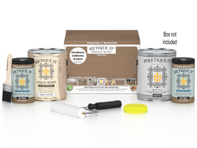 Retique It® Wood'n Finish Kit with 4 large barn wood exterior top coats for smooth, durable wood finish application.