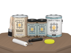 Retique It® Wood'n Finish Kit in Barn Wood with matte top coat, featuring four large containers for multi-purpose wood finishing.