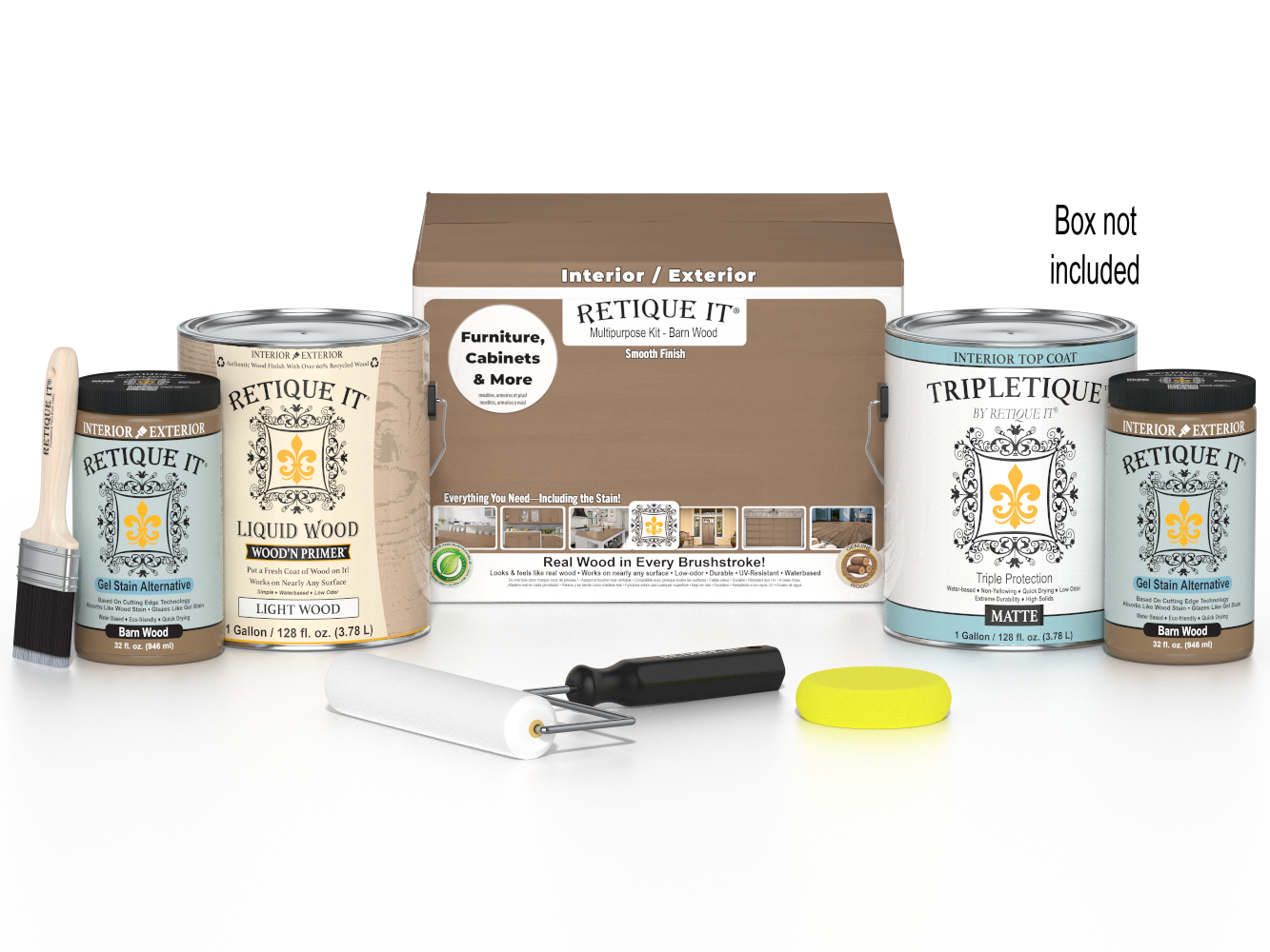 Retique It® Multi-purpose Smooth Finish Kit in barn wood for interior wood projects, includes four large top coat bottles.